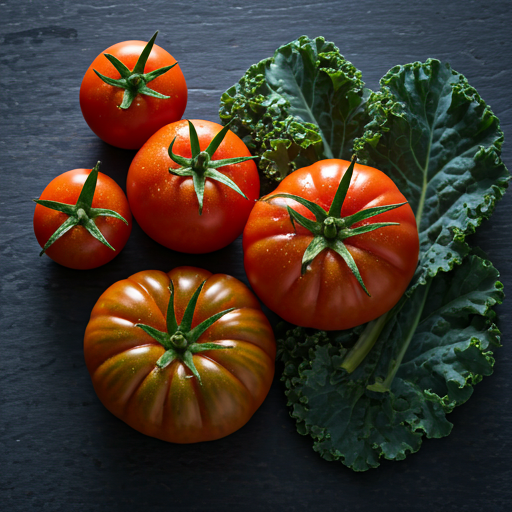 high-end editorial close-up of vibrant heritage tomatoes and kale with morning dew drops