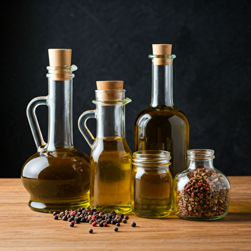 Artisanal glass jars of essential cooking oils, dried spices and gourmet ingredients