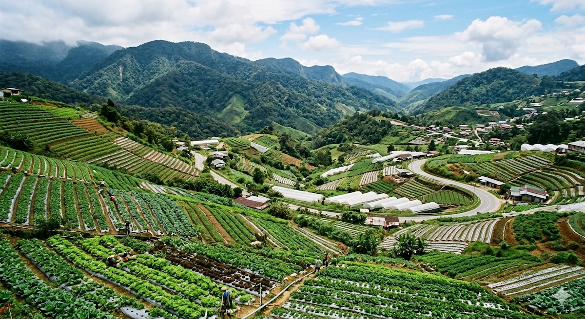 Mist-covered Malaysian highlands with lush green vegetable terraces and warm morning sunlight