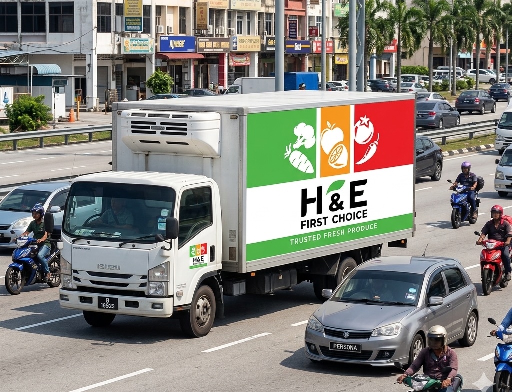 Modern delivery van driving through lush green Malaysian countryside at sunrise with soft morning mist
