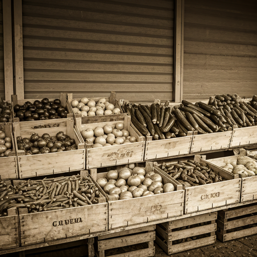 vintage black and white style photo of an old local market stall with wooden crates of fresh vegetables